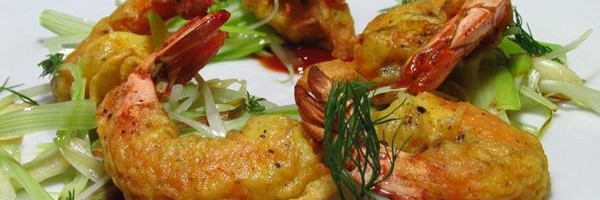 Batter Fried Prawns with Sautéed Leeks